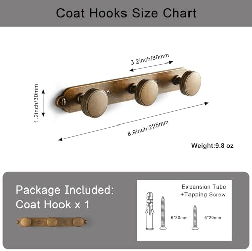 Goo-Ki 1 Pack Antique Brass Coat Rack Wall Mount Heavy Duty, Vintage Brass Towel Rack Zinc Alloy Coat Hooks Wall Mounted for Bag Hat Clothes Scarf - Image 4