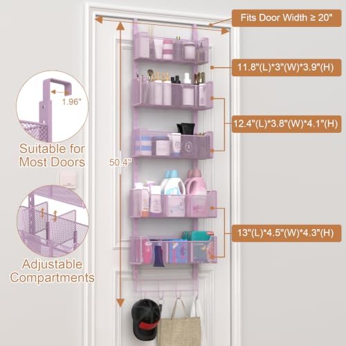VyGrow Over The Door Organizer, Metal Door Organizer Hanging with 5 Adjustable Baskets and Coat Hook, Behind The Door Storage for Bedroom Closet Bathroom Pantry Cabinet Kitchen, Purple - Image 3