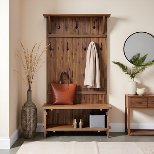 Alaterre Bethel Rustic Solid Wood Entryway Hall Tree with Bench, Natural - Image 5