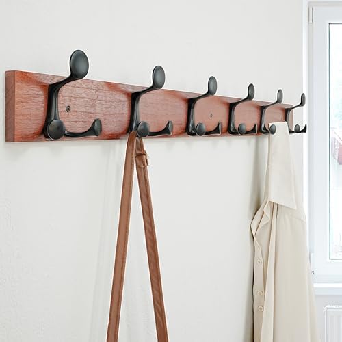 SKOLOO 39-Inch Cherry Wood Coat Rack Wall Mount with 6 Triple Hooks - Ideal for Family Entrances, Classrooms, and Pet Supplies Storage - Perfect Coat Hooks for Wall - Image 4