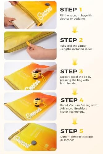 Travel Vacuum Bags with Pump, 15 Pack Vacuum Storage Bags for Clothing, Brushless Motor Type-C Rechargeable Pump, Compression Packing Bags for Travel, Suitcase, Closet and Home Storage, Yellow - Image 6