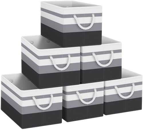 Fab totes Storage Bins 6-Pack, Foldable Storage Baskets for Organizing Toys, Books, Shelves, Closet, Large Storage Box with Rope Handles, Sturdy Organizer Bins,Gradient Grey by Fabtotes