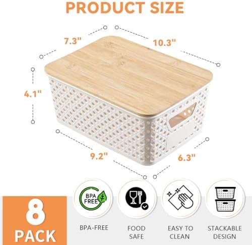 8 Pack Small Plastic Storage Bins with Bamboo Lids, Stackable Plastic Storage Baskets for Organizing with Handles, Organizer Bins with Labels for Room, Craft, Containers for Classroom Storage - Image 2
