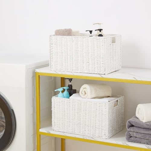 Vagusicc Wicker Storage Basket, Set of 2 Hand-Woven Paper Rope Wicker Basket, Small Storage Baskets for Organizing Toilet Paper Basket, Foldable Large Cube Storage Organizer Bins for Shelves (White) - Image 7