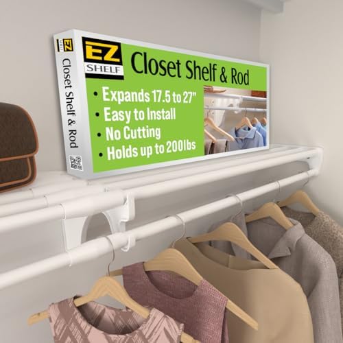 EZ Shelf - Hanging Shelf - Closet Rod - Expands 17.5-27” - White, Closet Shelves - Strong, Holds 200 lbs - DIY, Easy Install - to 2 Side Walls - Alternative to Wire Shelving by EZSHELF