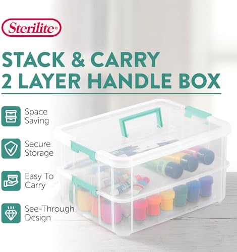 Sterilite 16-Pack Stack & Carry, 2 Layer Handle Box for Home & Office Storage - Clear Base & Lid with Color Latches, Organizer for Art & Craft Supplies, Sewing Tools or 8.5" x 11" Paper - Image 3