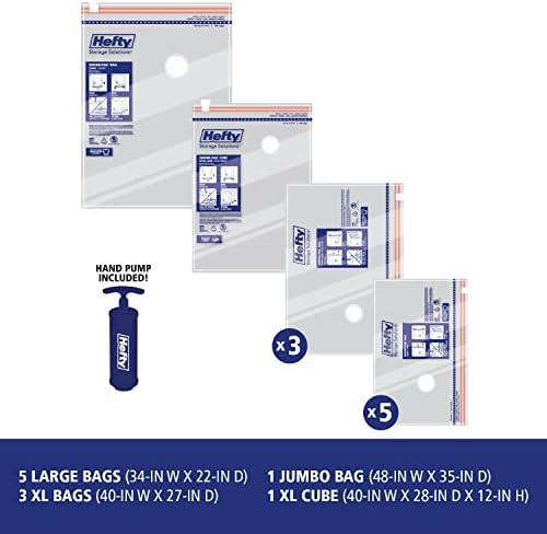 Hefty Super Starter Kit 5L, 3XL, 1XL Cube, and 1 Jumbo Bag, Reusable and Water resistant Vacuum Storage Bags, Total of 10 Bags + Hand Pump - Image 5