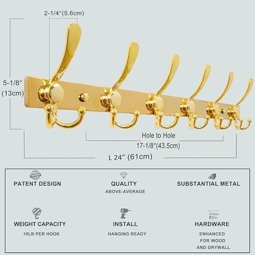 Dseap Coat Rack Wall Mount 24 Inch, Heavy Duty 12-Gauge Base vs Flimsy 1mm, Double-Thick Solid Anti-Snap Hooks, Stainless Steel 6-Hook Hanger Organizer for Clothes Hat Closet Entryway, Gold - Image 3