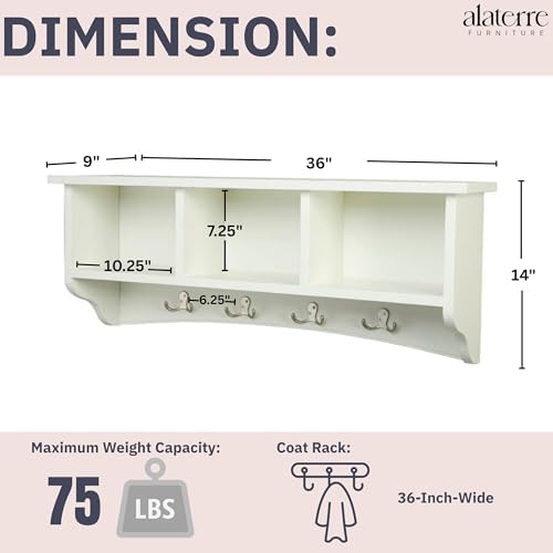 Shaker Cottage 36-Inch Wall-Mounted Coat Rack with 3 Open Shelves – Transitional Entryway Organizer, Mudroom Storage Shelf with 4 Hooks – Space-Saving Wall Storage by Alaterre Furniture (Ivory) - Image 3