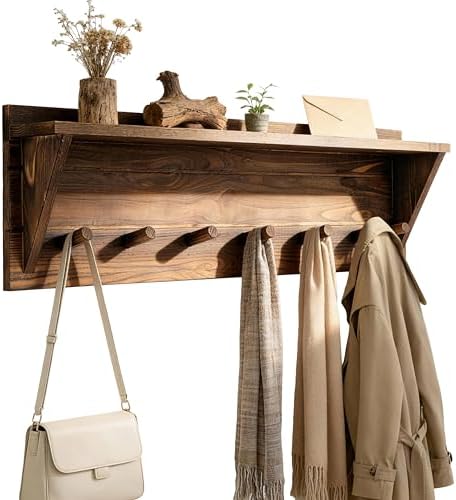 WEBI Coat Rack Wall Mount with Shelf,30" Long Entryway Wall Shelf with Hooks Underneath,7 Peg Hooks for Hanging Coats,Caps,Jacket,Clothes,Brown by WEBI