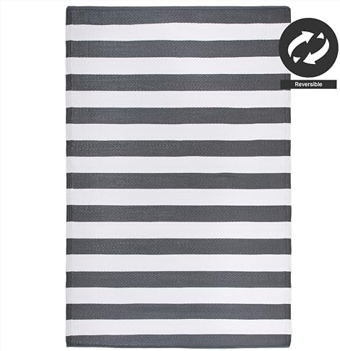 FH Home Outdoor Rug - Waterproof, Fade Resistant, Crease-Free - Premium Recycled Plastic - Geometric - Patio, Porch, Deck, Balcony - Brittany Stripe - Gray & White - 5 x 8 ft - Image 5