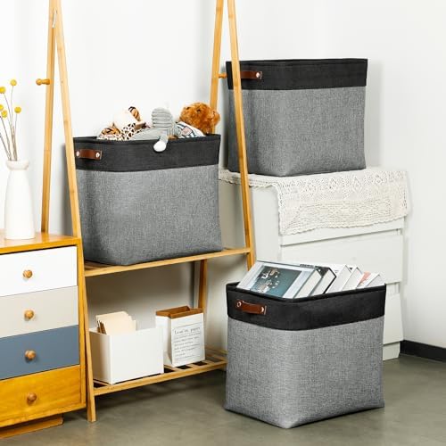 DULLEMELO Grey Storage Baskets for Organizing 3 Pack Fabric Shelf Baskets for Gifts Empty Large Storage Organizer for Closet,Clothes,Toys,Bedroom (Black&Grey) - Image 3
