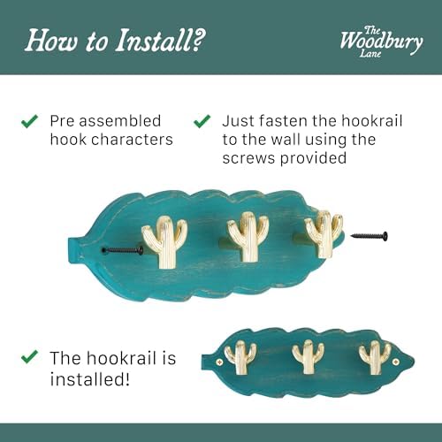 Vintage Wall Mounted Coat Rack with 3 Polished Brass Cactus Hooks – Solid Teal Wood Base, Decorative Hook Rail for Bags & Towels, Southwestern Organizer for Entryway & Bedroom - Image 3