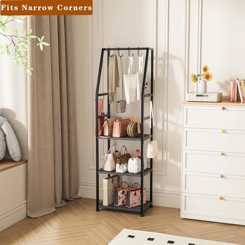 Tall Narrow Purse Organizer for Closet, 3-Tier Floor Standing Handbag Storage Rack with 8 Adjustable Hooks, Space-Saving Purse Display Stand for Small Space Bedroom Entryway(Dark Gray) - Image 5