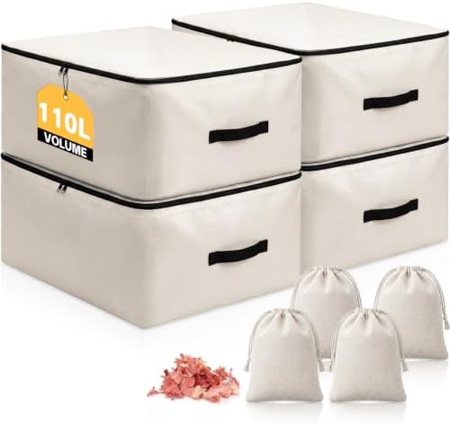Lewtemi 110L 4 Pack Clothing Storage Bags with Cedar Sachets, Large Sweater Organizer, Breathable Fabric Containers for Clothes, Bedding & Blankets, Closet & Under Bed Storage (Beige,Creative) by Lewtemi