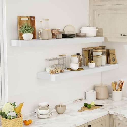 Acovy 55 Inch Floating Shelves, 12" Deep Floating Shelf Wall Mounted, 55" Wall Shelves, Rustic Deep Bookshelf, Extra Deeper & Thicker Display Shelves for Bedroom, Living Room, White, Set of 2 - Image 2