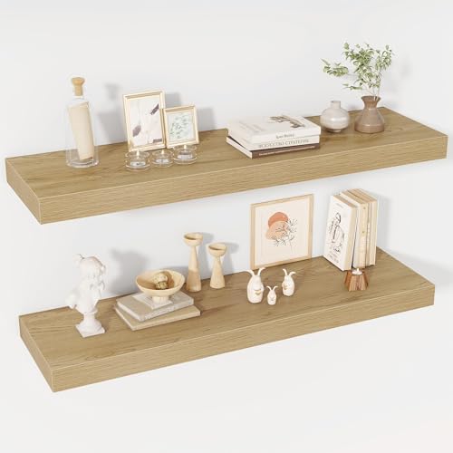 Acovy 40 Inch Floating Shelves, 12" Deep Floating Shelf Wall Mounted, 40" Wall Shelves, Rustic Deep Bookshelf, Extra Deeper & Thicker Display Shelves for Bedroom, Living Room, Oak, Set of 2 by Acovy