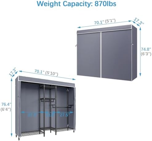 VIPEK Classic V6C Heavy Duty Covered Clothes Rack Portable Wardrobe Closet, 5 Tiers Wire Garment Rack Black Metal Clothing Rack with Grey Oxford Cover, 70.1" L x 17.3" W x 76.4" H, Max Load 870 LBS - Image 4