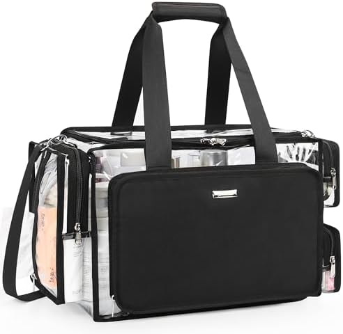 Relavel Clear Makeup Bag Extra Large Makeup Artist Kit Set, Cosmetic Storage Organizer Hair Stylist Traveling Bag, Transparent Tote Duffle Beach Toiletry Bag with Adjustable Dividers & Shoulder Strap by Relavel