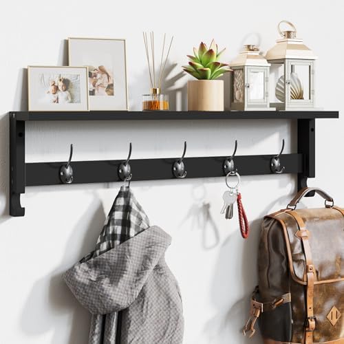 AMBIRD Coat Rack Wall Mount with Shelf, 28.9 Inches Coat Hooks Wall Mounted with 5 Hooks, Hat Wall Hooks for Hanging in Entryway, Living Room, Bathroom, Bedroom (Black, 28.9 * 4.5 inches) by AMBIRD