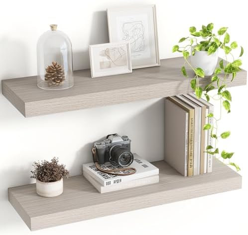 Acovy 24 Inch Floating Shelves, 8 Inch Deep Floating Shelves for Wall, Hanging Shelf with Invisible Brackets, Deep Shelves for Bathroom, Bedroom, Living Room, Grey, Set of 2 by Acovy