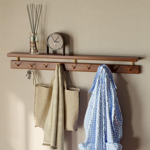 Walnut Wall Hooks with Shelf, Coat Rack Wall Mount, Entryway Hanging Shelf with 9 Brass Hooks for Hats, Clothes, Towels, Bags, Black Walnut Wood, Walnut by Wayshome