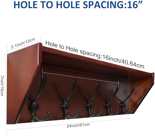 WEBI Coat Rack Wall Mount with Shelf,24" Long Wall Shelf with Hooks Underneath,5 Triple Hooks for Entryway,Hallway,Bedroom,Cherry - Image 6