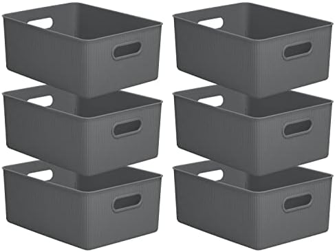 Superio Ribbed Collection - Decorative Plastic Basket Open Home Storage Bins Organizer, Large Grey (6 Pack) Container Boxes for Organizing Closet Storage Bins for Shelves 15 Liter/16 Quart by Superio