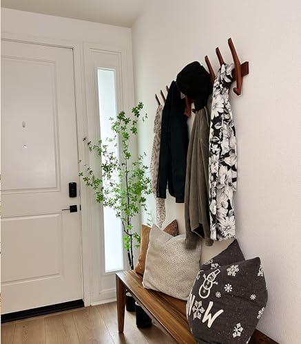 Wooden Wall Hook Rack with 5 Hooks, Solid Sapele Wood Coat Rack, Mid-Century Modern Wall Mounted Entryway Organizer, Heavy-Duty 22 lb Capacity - Image 6