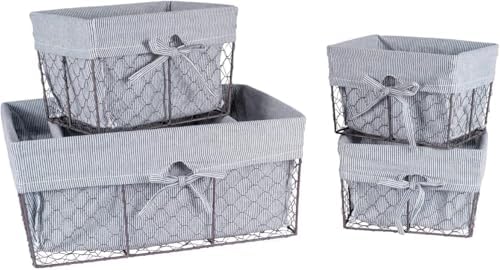 DII Farmhouse Chicken Wire Storage Baskets with Liner, Set of 5, Rustic Ticking Stripe, Assorted Sizes - Image 2