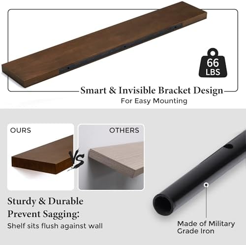 Axeman Floating Shelves, 8 Inch Deep Modern Solid Wood Wall Shelves for Storage, Wall Mounted Display Shelving with Invisible Heavy-Duty Metal Bracket, 48" W x 8" D x 1.6" H, Walnut - Image 4