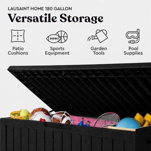 LAUSAINT HOME 180 Gallon Resin Deck Box, Package Delivery Box with Lockable Lid, Waterproof Outdoor Storage Box For Garden Tools, Patio Cushions(180 Gallon,Black) - Image 4