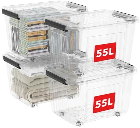 Cetomo 60Qt*4 Plastic Storage Bins, Storage Box, 4 Pack, Organizing Container with Wheels, Durable Lids and Secure Latching Buckles, Stackable and Nestable, Clear with Black Buckle by Cetomo