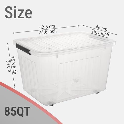 Cetomo Plastic Storage Bins, Lidded Storage Box with Wheels for Home Office Dorm, Wheeled, Stackable, Clear, 85Quart-4 Pack - Image 4
