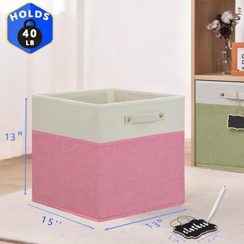 Storage Cubes,13 x 15 x 13 storage cubes,Foldable Fabric Storage Cubes with Labels 4 Pack,Linen Cube Storage Organizer Bins Kallax Storage Cubes for Organizing Shelves Cabinet(White pink). - Image 2
