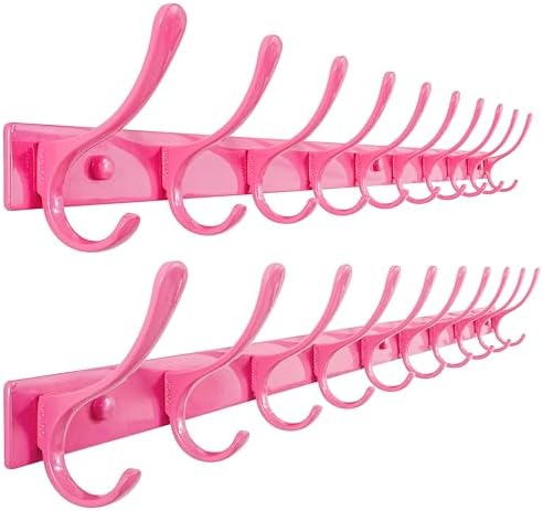 SKOLOO Coat Rack Wall Mounted - 10 Hooks, Pack of 2, Heavy Duty, Stainless Steel, Metal Wall Hanger, Sturdy Coat Hooks for Hanging Coats, Jacket, Clothes, Hat, Pink by SKOLOO