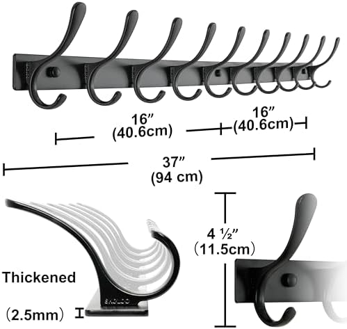 SKOLOO Coat Rack Wall Mounted - 10 Hooks, Pack of 2, Heavy Duty, Stainless Steel, Metal Wall Hanger, Sturdy Coat Hooks for Hanging Coats, Jacket, Clothes, Hat, Black - Image 6
