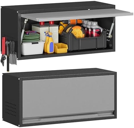 Metal Garage Wall Cabinet with Up-Flip Door,Wall-Mounted Steel Storage Cabinet, Float Tool Cabinet with Pegboard,Upper Cabinet for Kitchen,Garage,Workshop,Warehouse(13.8" H,Black&Gray) by Firstsky