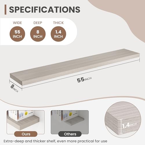 Acovy 55 Inch Floating Shelves, 8 Inch Deep Floating Shelves for Wall, Hanging Shelf with Invisible Brackets, Deep Shelves for Bathroom, Bedroom, Living Room, Grey, Set of 2 - Image 3