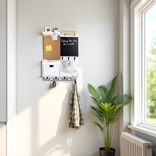 Key Holder Wall Mount with Drawer and Mail Organizer, Whitewashed - Image 5