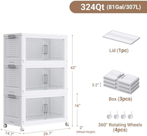 BROVIEW 324 Qt Stackable Storage Bins Foldable Cabinet, V40 White 3-Pack - Image 2