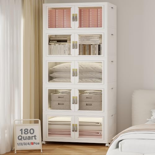 UAMFURI Stackable Storage Bins with Lids, Clear Doors, Large Storage Cabinet Foldable Collapsible Closet Organizers for Bedroom Dorm Office (5, White, 180, Quarts) by UAMFURIDirect