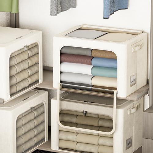 4 Pack Clothes Storage Bins with Metal Frame - 66L Stackable Storage Box with Lid，Foldable Storage Container Organizer for Clothes，Linen Fabric Storage Box with Clear Window＆Zippers＆Handles - Image 6