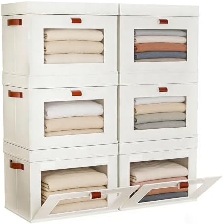 6-Pack Collapsible Stackable Storage Bins with Lids, Beige by CBJILWOF