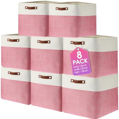 Uiifan 8 Pack 12 x 12 x 12 Inch Large Storage Baskets Collapsible Fabric Storage Cubes Bins with Handles for Shelves Closets Nursery Home Clothes Toys Organizers, Pink by Uiifan