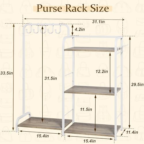 Purse Organizer for Closet, Large Capacity Purse Rack with 2 Purse Hangers and 5 Purse Hooks for Bag Organizer, Freestanding 3-Tier Handbag Organizer for Purse Storage, Ironwood Purse Holder, White - Image 3