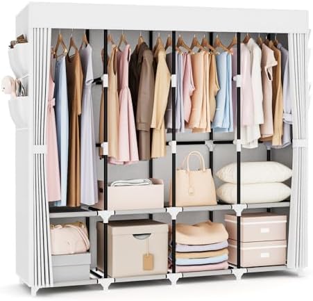 VTRIN Portable Closet for Hanging Clothes 67 Inch Wide Large Capacity Portable Wardrobe Closet with Cover, 4 Storage Shelves and 4 Hanging Rod Sturdy Free Standing Closet for Bedroom, White by VTRIN