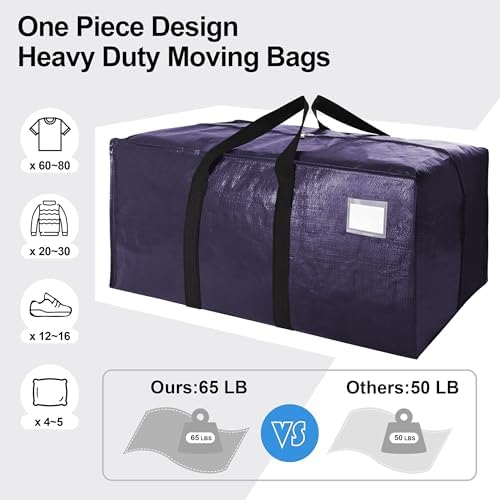 VELVETSURE 12 Pack Heavy Duty Extra Large Moving Bags W/Backpack Straps - Strong Handles & Zippers, Storage Totes For Space Saving, Fold Flat, Alternative to Moving Box and Storage Bin, Blue - Image 5