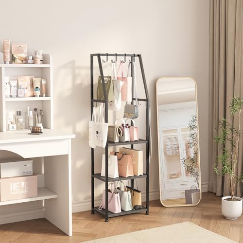 Tall Narrow Purse Organizer Stand with Purse Hanger, High-Capacity Floor-Standing Handbag Rack for Small Spaces | Space-Saving Fashion Bags & Purse Display Organizer﻿(Dark Grey) - Image 5