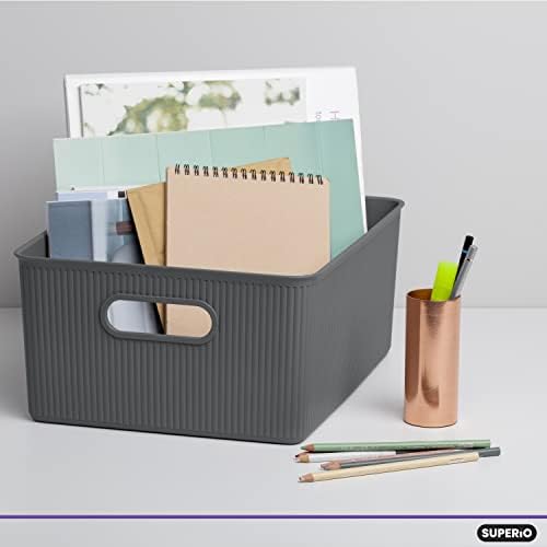 Superio Ribbed Collection - Decorative Plastic Basket Open Home Storage Bins Organizer, Large Grey (2 Pack) Container Boxes for Organizing Closet Storage Bins for Shelves 15 Liter/16 Quart - Image 3